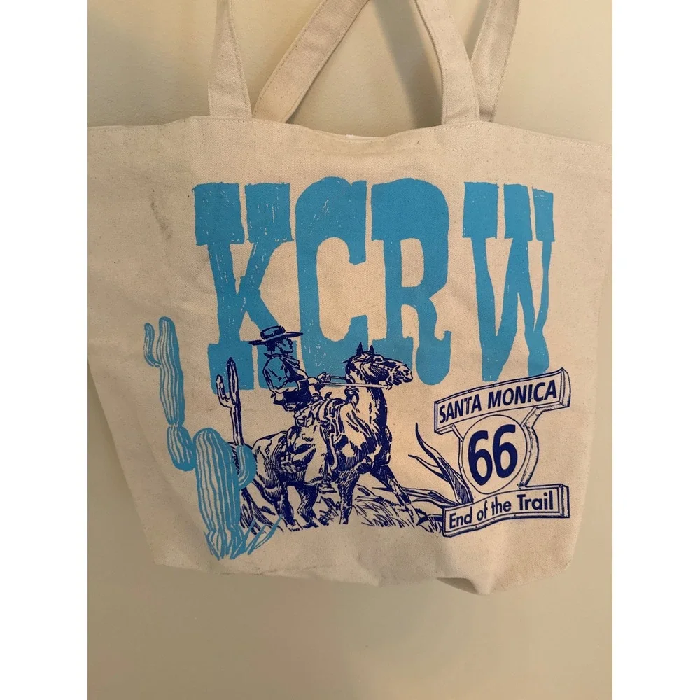 KCRW Santa Monica Route 66 Cowboy Canvas Tote Bag Blue Cream Western Graphic